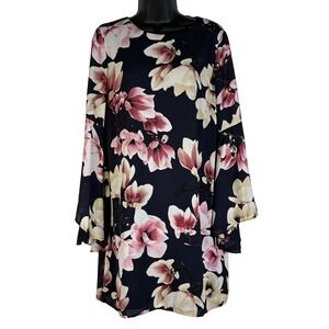 Nicole Miller Women Shift Dress Navy Floral 4 Long Sleeve Back Zip Chiffon Lined